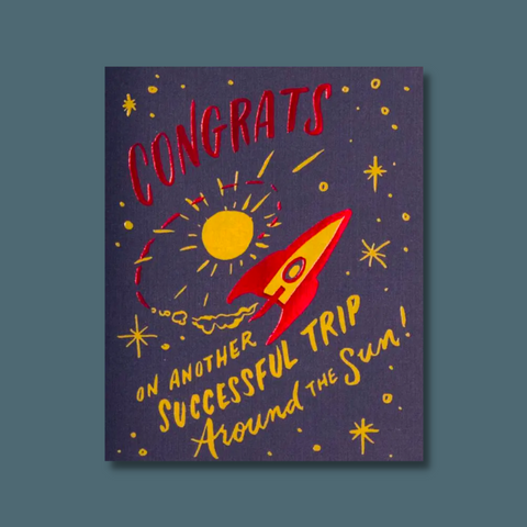 Rocket in space with text