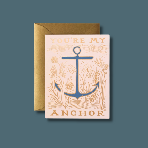 Blue anchor on rose with gold icons