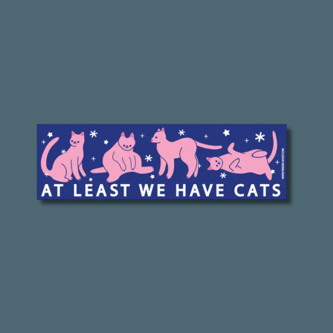 Bumper sticker with pink cats and text 'AT LEAST WE HAVE CATS' on a blue background