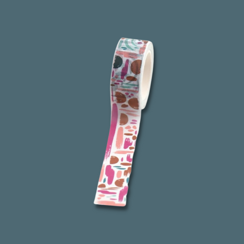 Pinks, brown, and teal shapes on white background