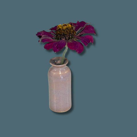 Small purple vase with a single purple flower on a solid background