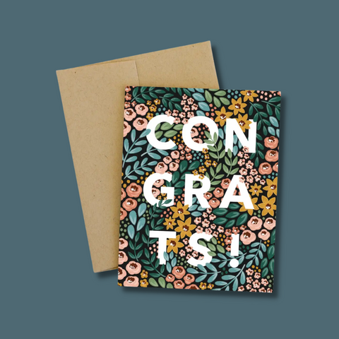White text on floral background