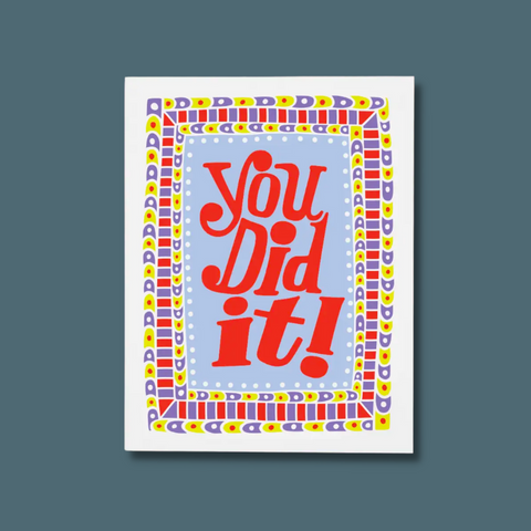 Multicolor pattern and red text