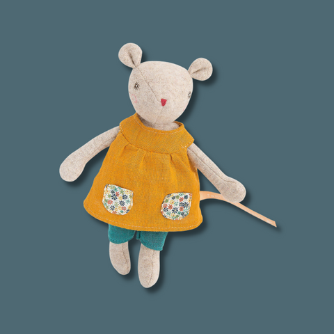 Stuffed mouse wearing a yellow jumper