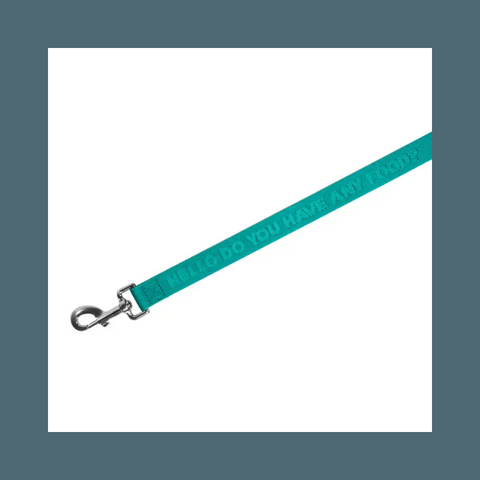 Green leash with white text on it