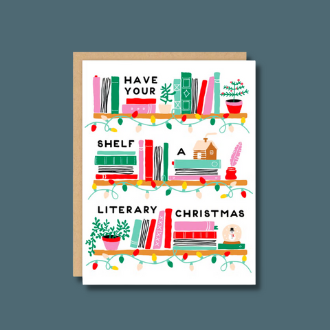 Bookshelves decorated for Christmas