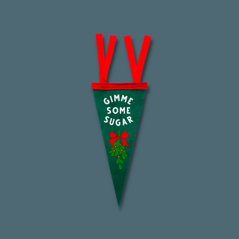 White text and mistletoe on dark green