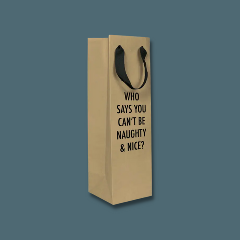 Black text on brown bag with black ribbon