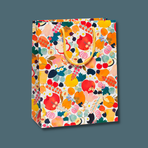 Bag covered in fruits and florals