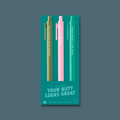 Pink, olive, and green pens