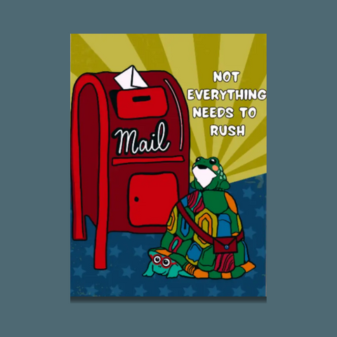 Cartoon turtle with a colorful scarf sitting next to a red mailbox with a yellow sun in the background.