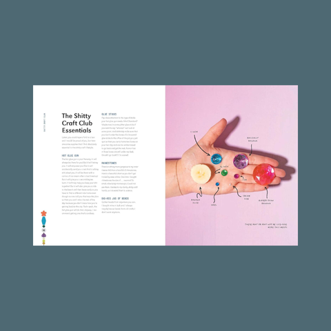 'The Shitty Craft Club Essentials' text and a hand holding colorful beads against a pink background.