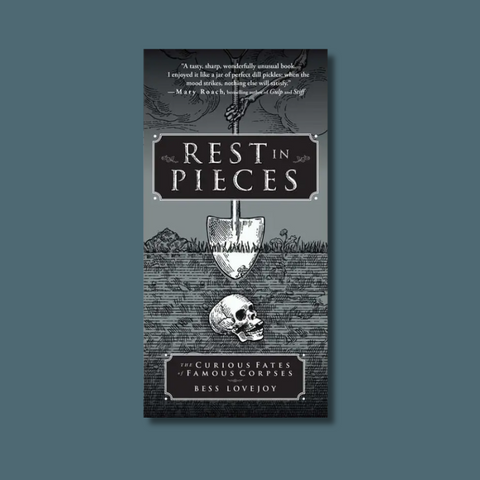 Book cover of 'Rest in Pieces' with a shovel and skull illustration on a gray background