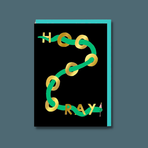 Snake moving through the word hooray with a party hat on.