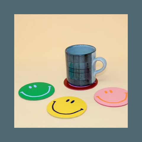 Happy Face Smiley Leather Coaster Set
