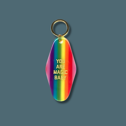 Rainbow keychain with gold text