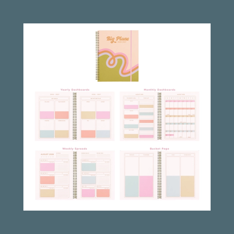 A spiral-bound planner shown on a white card against a muted blue-gray background. The top cover reads 'Big Plan' with pastel pink, peach, and olive-green graphics.