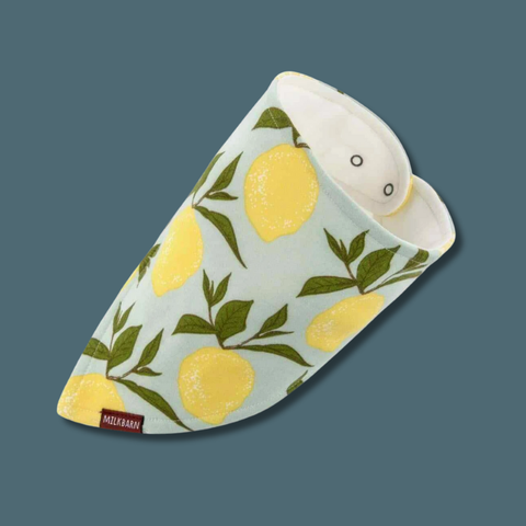 Baby bib with lemon pattern on a blue background