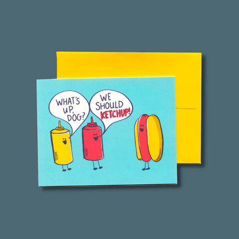 Ketchup and mustard bottles talking to a hot dog