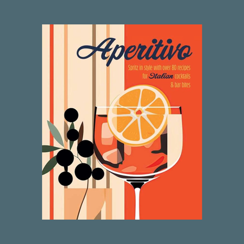 Book cover of 'Aperitivo' with a cocktail illustration on an orange background