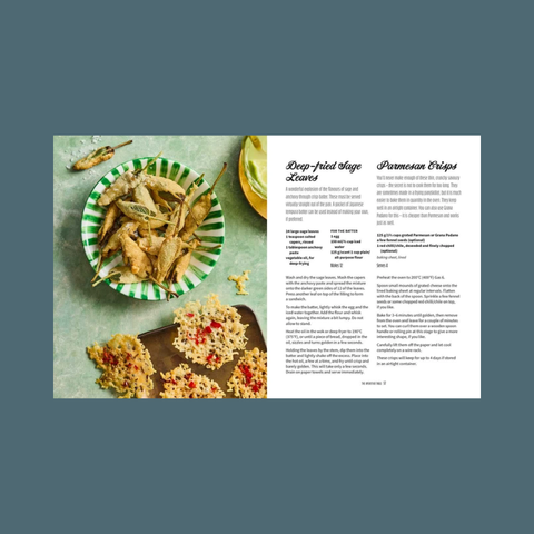 Fried food items on a plate with a recipe card on the right side.