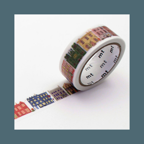 Decorative tape with cityscape design on a white background