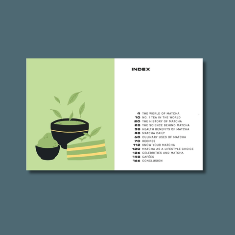 Book page with matcha illustration and index on a blue background