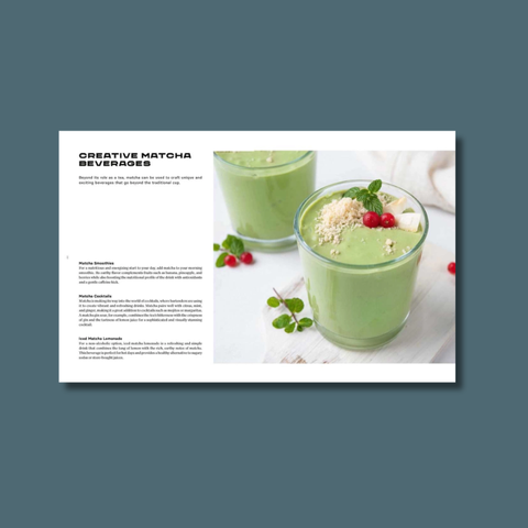 Green smoothie in a glass with garnishes on a white surface, displayed on a magazine or book page.