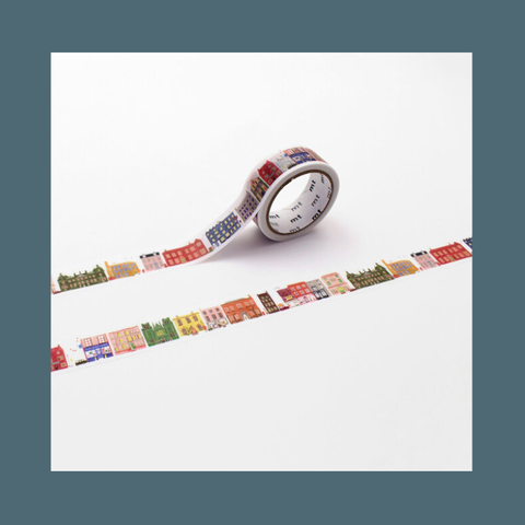 Decorative tape with colorful house design on a white background
