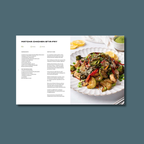 Recipe card for Matcha Chicken Stir-Fry with a photo of the dish on a white plate.