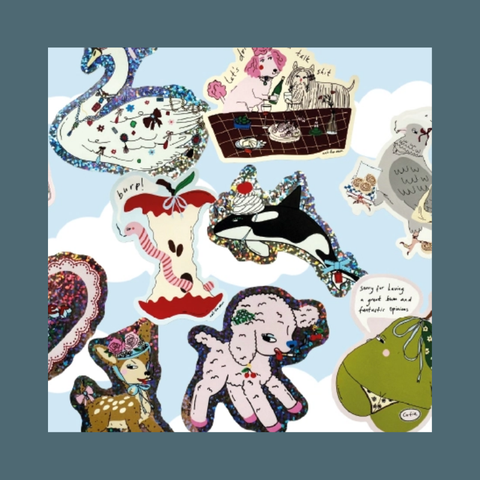 A square collage of whimsical illustrated stickers or patches on a pale blue background with white cloud shapes. The designs include a swan, an apple with a face, an orca, a bird, a deer, a sheep, a green shoe, and handwritten text bubbles.