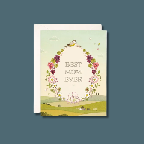Greeting card with floral design and 'Best Mom Ever' text on a blue background