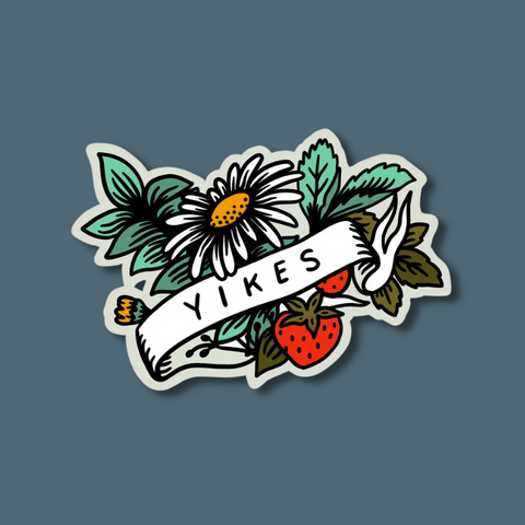 Yikes banner among flowers and strawberries