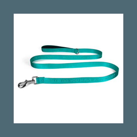 Green leash with white text on it
