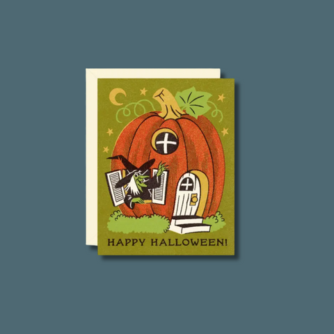 Halloween card with a pumpkin, witch, and 'Happy Halloween!' text on a green background