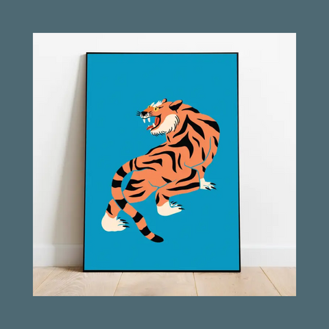 Orange Tiger On Blue Background Art Print