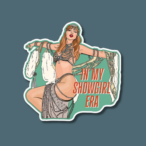 Sticker of Taylor Swift with text 'In My Showgirl Era' on a solid background