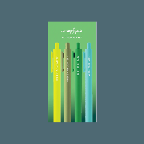 Four pens in blues and greens