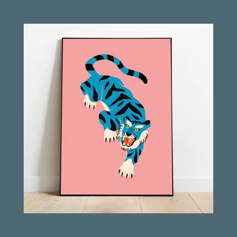 Blue Tiger On Pink Background Art Print