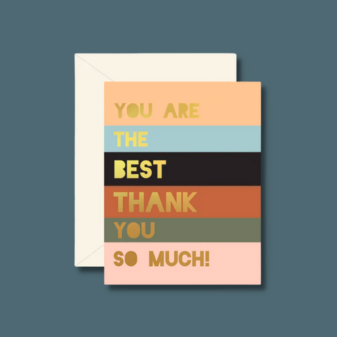 Gold text on multicolored stripes