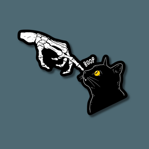 Skeleton Hand Booping Black Cat Nose Sticker