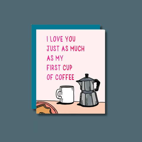 Greeting card with coffee-themed illustration and text on a blue background