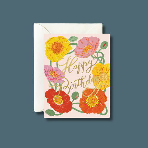 Yellow, pink, and red poppies with gold text