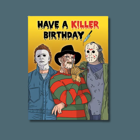 Cartoon depiction of iconic horror movie characters with text 'Have a Killer Birthday' on a yellow background.