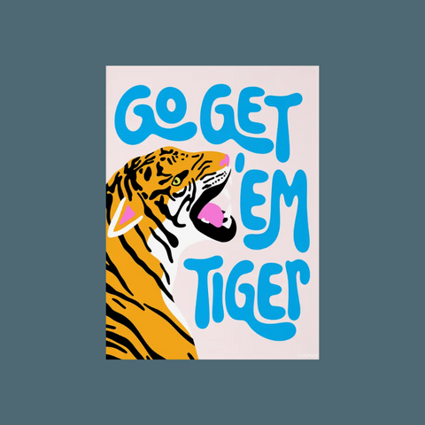 Tiger and blue text