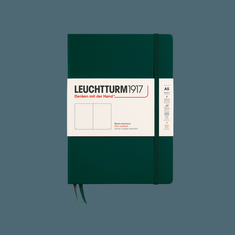 Green notebook with Leuchtturm1917 branding on a blue background