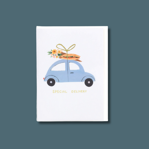 Special Delivery Car Carrying Food and Flower Greeting Card