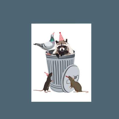 Racoon, pigeon, and rats in the trash