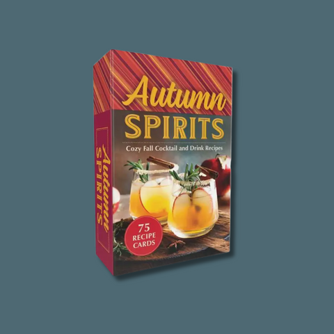 Box of 'Autumn Spirits' recipe cards with cocktail images on a dark blue background