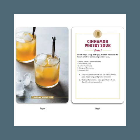Card with a Cinnamon Whisky Sour cocktail recipe and a photo of the drink on a gray background.